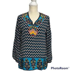 Tolani Silk Black Teal Gold Floral v-neck Bohemian tunic top